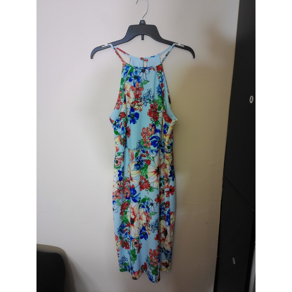 Premier Amour Sheath Dress Womens 16 Light Blue Floral Halter Neck Summer Flirty